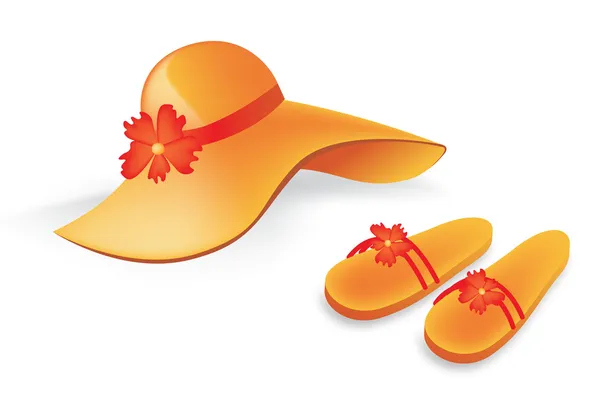 Sombrero de playa naranja y zapatillas — Vector de stock