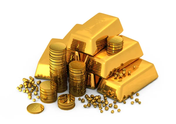 3D altın külçeleri ve madeni paralar — Stok fotoğraf