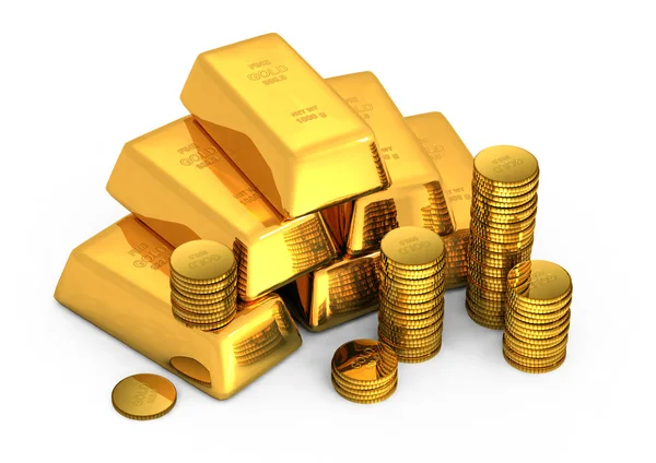 3d barras de ouro e moedas — Fotografia de Stock