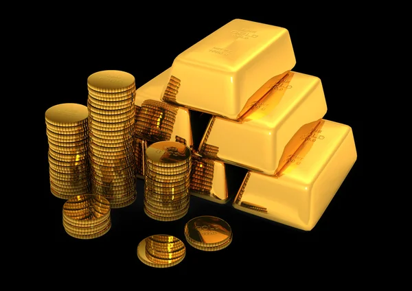 3d barras de ouro e moedas — Fotografia de Stock