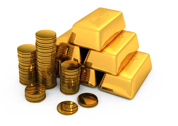 3D zlaté cihly a mince — Stock fotografie