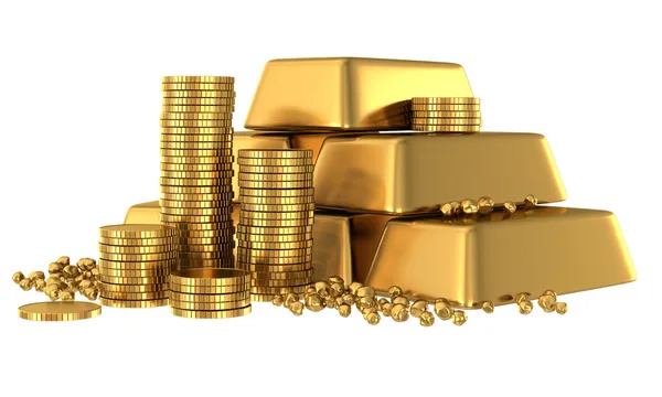 3D goudstaven en munten — Stockfoto