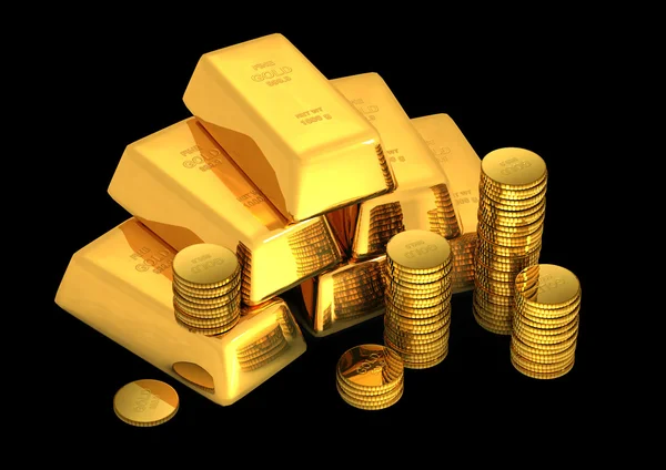 Barras y monedas de oro 3d — Foto de Stock