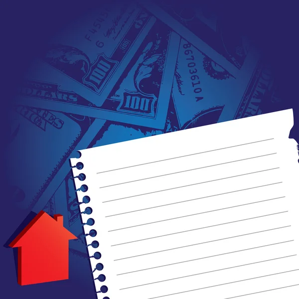 Dopisní papír s domu icon a peníze pozadím — Stockový vektor
