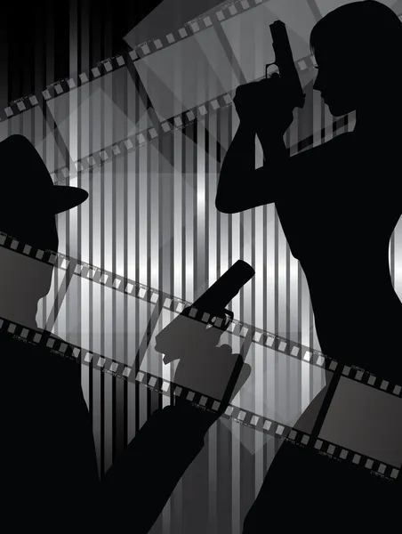 Silhouettes with gun and filmstrips — Stock Photo, Image