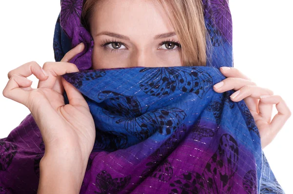 Blonde woman in shawl on white background — Stock Photo, Image