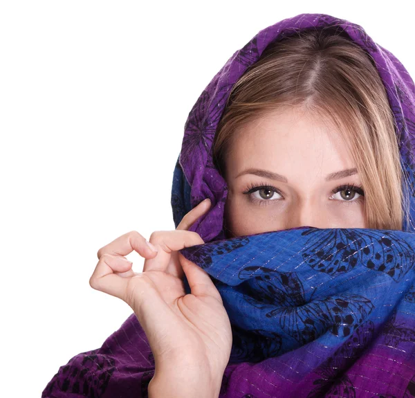 Blonde woman in shawl on white background — Stock Photo, Image
