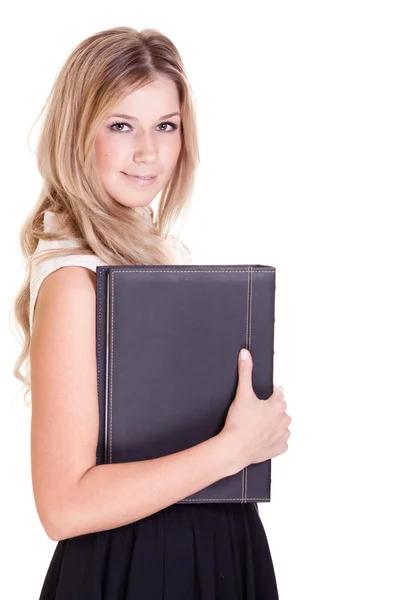 Блондинка бізнес-леді з чорною текою ізольована на білому — стокове фото