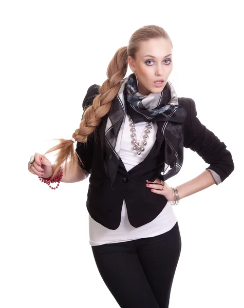 Portrait of sexy woman in black jacket with bijouterie — Stock Photo, Image
