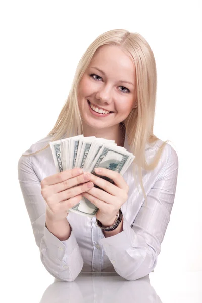 Portrait of a happy woman with a fan of American dollar currency — Stock Photo, Image