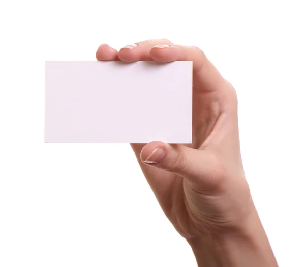 Бумажная карточка в руке женщины изолированы на белом фоне — стоковое фото