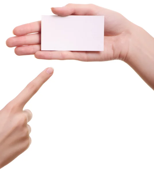 Papier kaart in vrouw hand geïsoleerd op witte achtergrond — Stockfoto