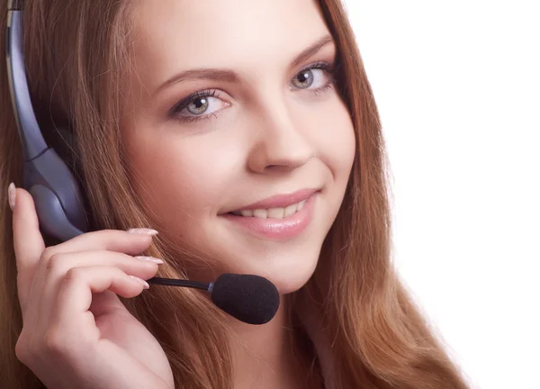 Schöne junge lachende fröhliche Frau mit Kopfhörer mit Mikrofon — Stockfoto