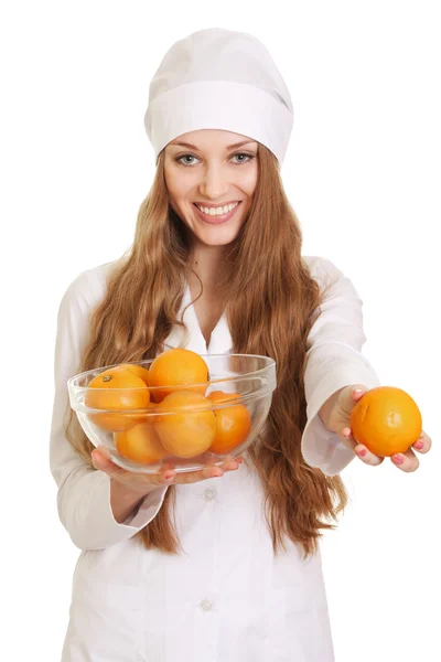 Hälsosamt ätande eller livsstil koncept. kvinna läkare med många oran — Stockfoto