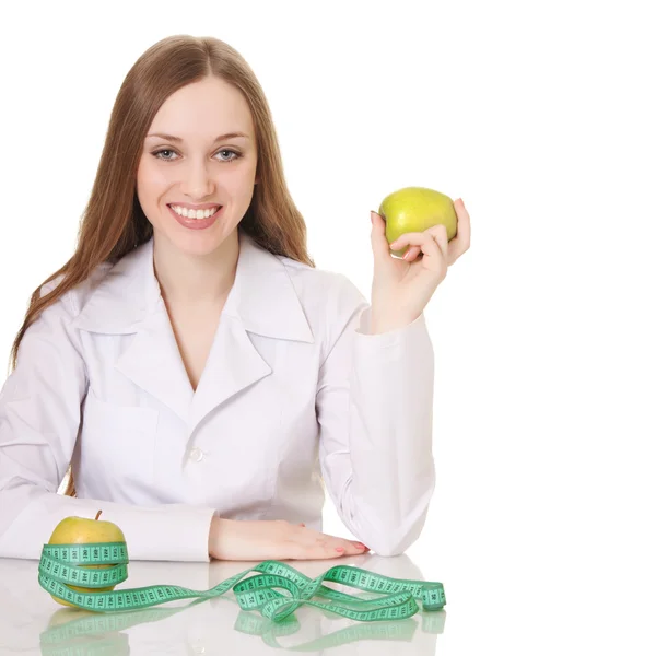 Conceito de comer ou estilo de vida saudável. médico da mulher com um verde um — Fotografia de Stock
