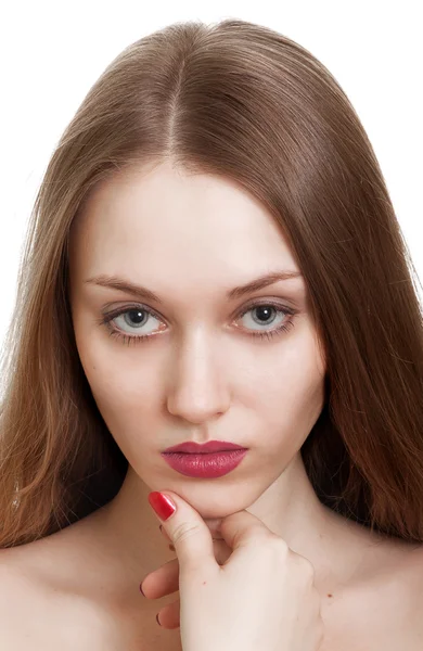 Close-up portrait of sexy caucasian young woman with red bright — Stock Photo, Image