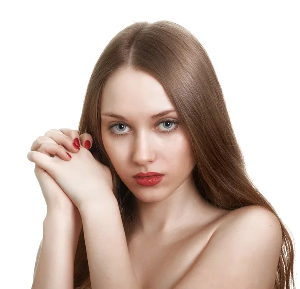 Close-up portrait of sexy caucasian young woman with red bright — Stock Photo, Image