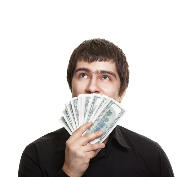 Young handsome man holding dollars — Stock Photo, Image