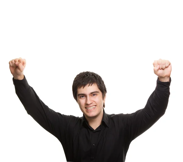 Portret van gelukkige jonge man in zwarte shirt op witte achtergrond — Stockfoto