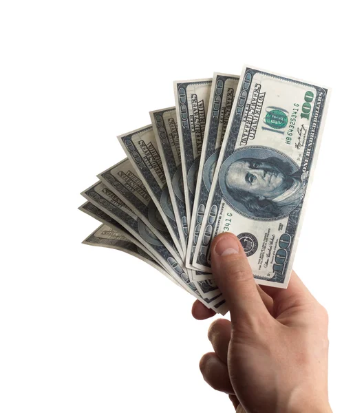 Beyaz arka planda izole edilmiş para ile el — Stok fotoğraf