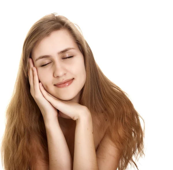 Portrait of young woman dreaming on white background — Stock Photo, Image