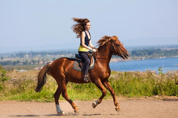 年轻女牛仔上褐色的马 — 图库照片
