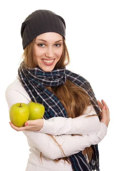 Beyaz zemin üzerine yeşil elma ile mutlu bir kadın — Stok fotoğraf