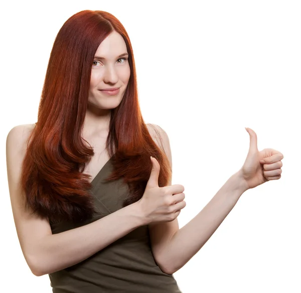 Portret van aantrekkelijk meisje duimen omhoog teken op wit weergegeven: — Stockfoto