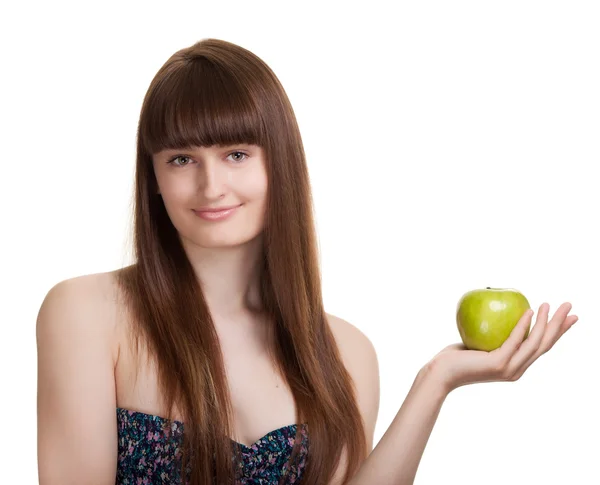 青苹果上白色隔离年轻的幸福微笑女人 — 图库照片