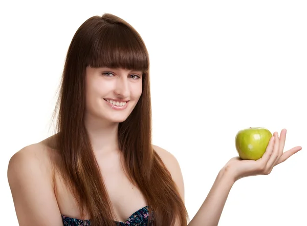 白で隔離される緑の apple と若い幸せな笑顔の女性 — ストック写真