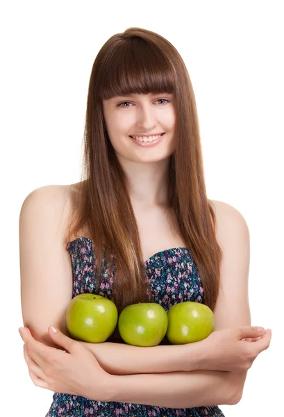 Giovane donna sorridente felice con mela verde isolato su bianco — Foto Stock