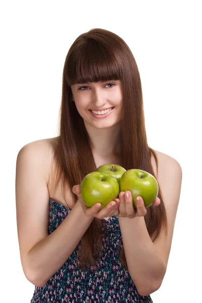 Νεαρή ευτυχής χαμογελαστό γυναίκα με πράσινο μήλο που απομονώνονται σε λευκό — Φωτογραφία Αρχείου