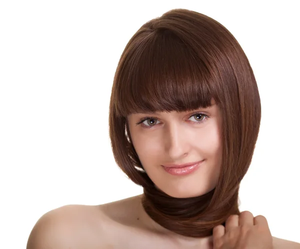 Mujer joven con hermoso cabello sobre fondo blanco — Foto de Stock