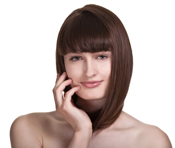 Mujer joven con hermoso cabello sobre fondo blanco —  Fotos de Stock