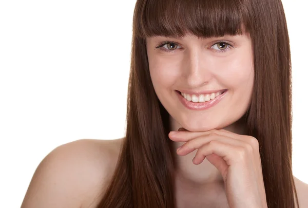 Fiatal nő gyönyörű mosollyal fehér háttér — Stock Fotó