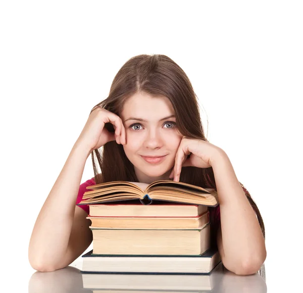 Tiener meisje met veel van boeken, geïsoleerd op wit — Stockfoto