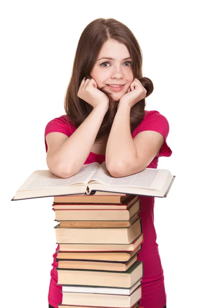 Teen flicka med massa böcker, isolerad på vit — Stockfoto