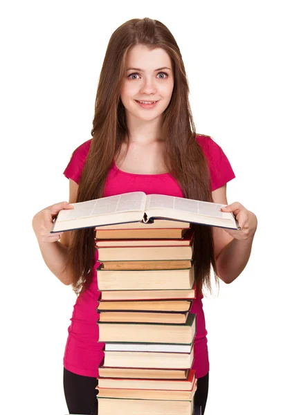 Κορίτσι, με πολλά βιβλία, που απομονώνονται σε λευκό — Φωτογραφία Αρχείου