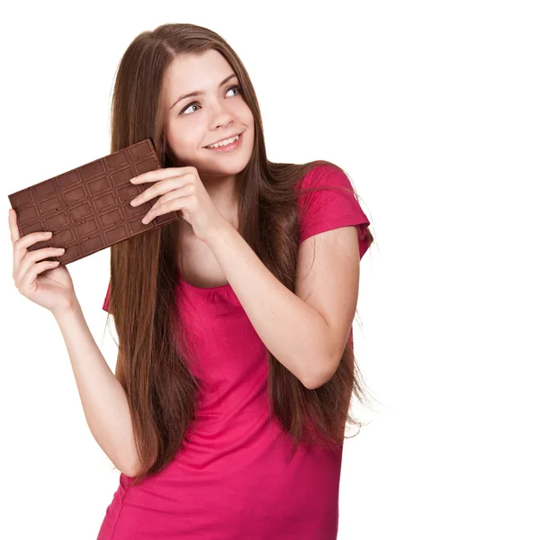 Girato di una bella ragazza adolescente con in mano una grande barretta di cioccolato — Foto Stock