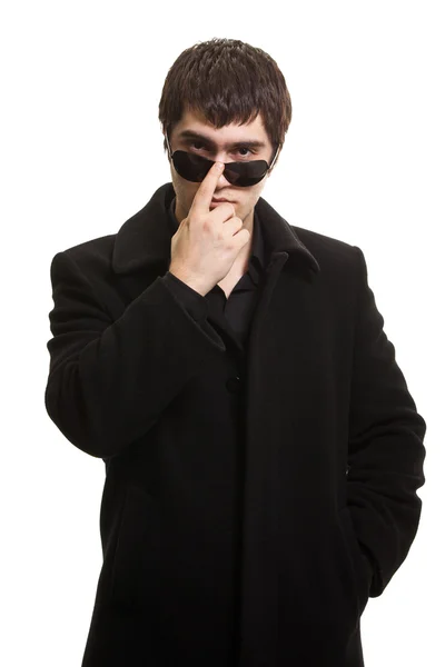 Güven adam siyah ceket ve güneş gözlüğü — Stok fotoğraf