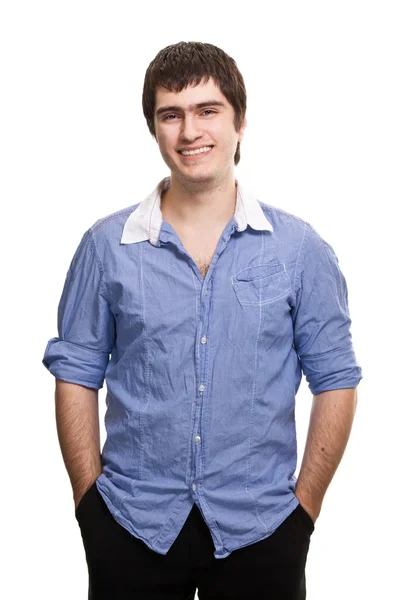 Jonge gelukkig man die lacht geïsoleerd op witte achtergrond — Stockfoto
