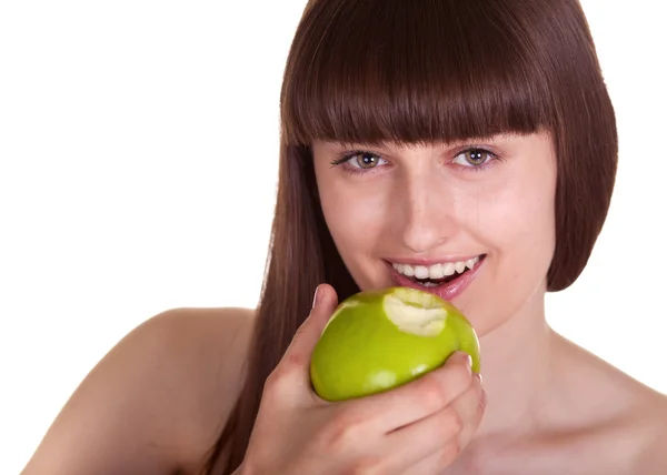 Bella donna mangiare mela verde — Foto Stock