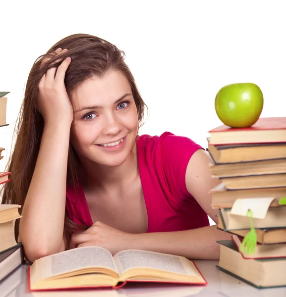 Teen girl with lot of books, isolated on white — Stock Photo, Image