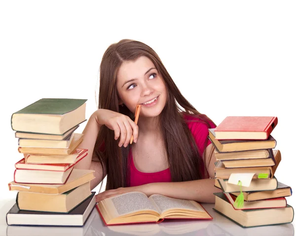 Дівчина-підліток з великою кількістю книг, ізольована на білому — стокове фото