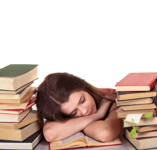 Alvás közben tanulás - fáradt tini nő alszik a recepció — Stock Fotó