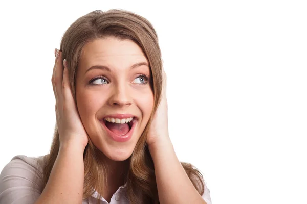 Förvånad glada kvinna skrikande förvånad i glädje. vackra unga — Stockfoto