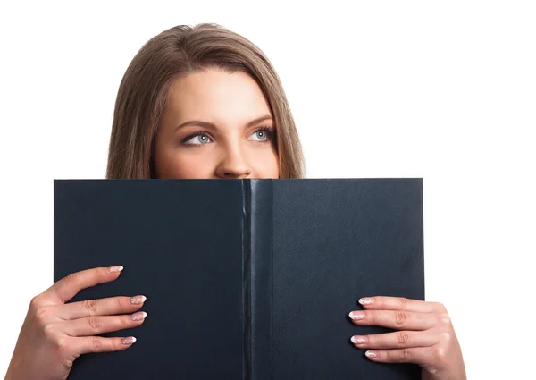 Atraktivní žena drží knihu, samostatný — Stock fotografie
