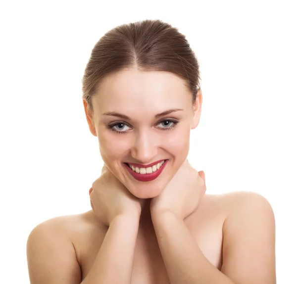 Fiatal nő gyönyörű mosollyal fehér háttér — Stock Fotó