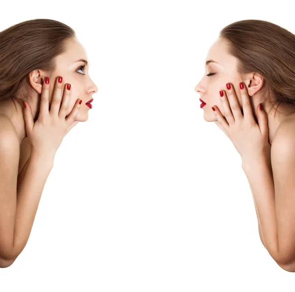 Collage. Retrato lateral de mujer de belleza con maníaco rojo brillante —  Fotos de Stock