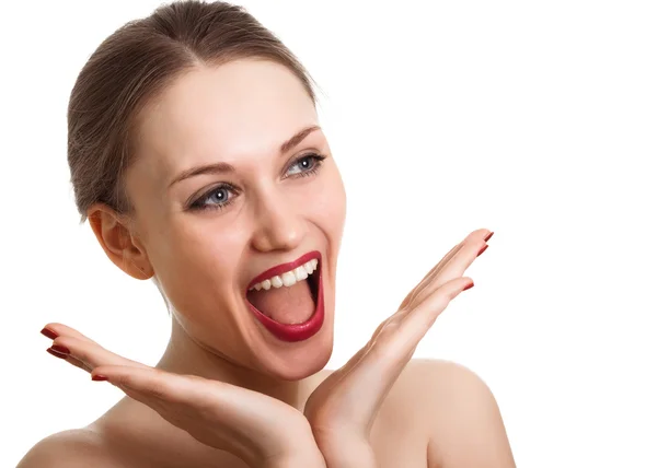 Surprised excited woman screaming amazed in joy. Isolated on whi — Stock Photo, Image